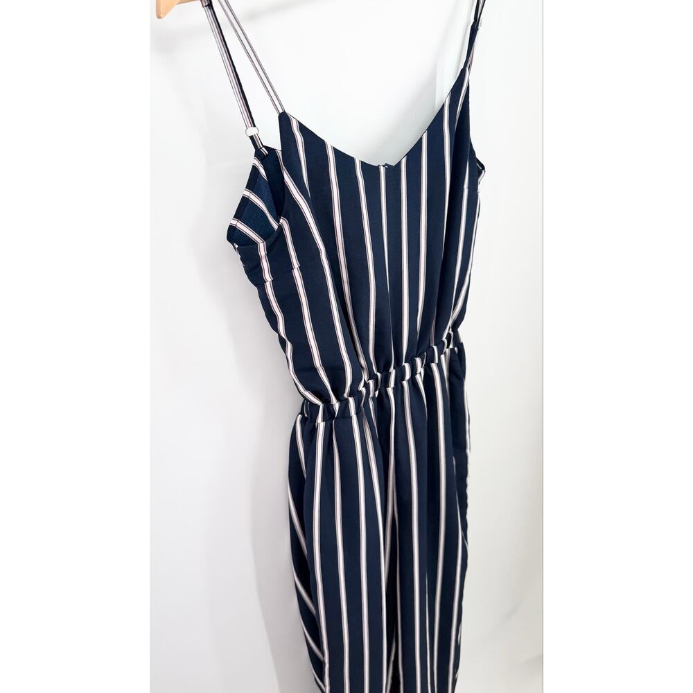 Davi & Dani Navy Striped Wide Leg Jumpsuit Open Back Tie Women Small - Picture 7 of 9